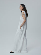 Sleeveless Wide-Leg Linen Jumpsuit with Deep V-Neck and Folded Hems